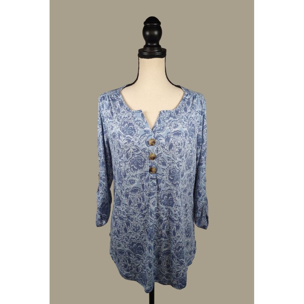 Como Vintage Blue Floral Print Blouse with 3/4 Roll-tab Sleeves Size XL NWT